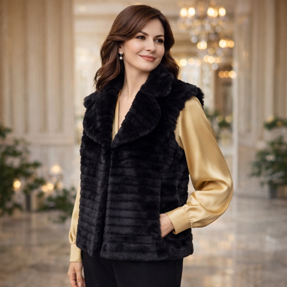 💖 Elegant Black Faux Fur Vest, Investments, Size Med